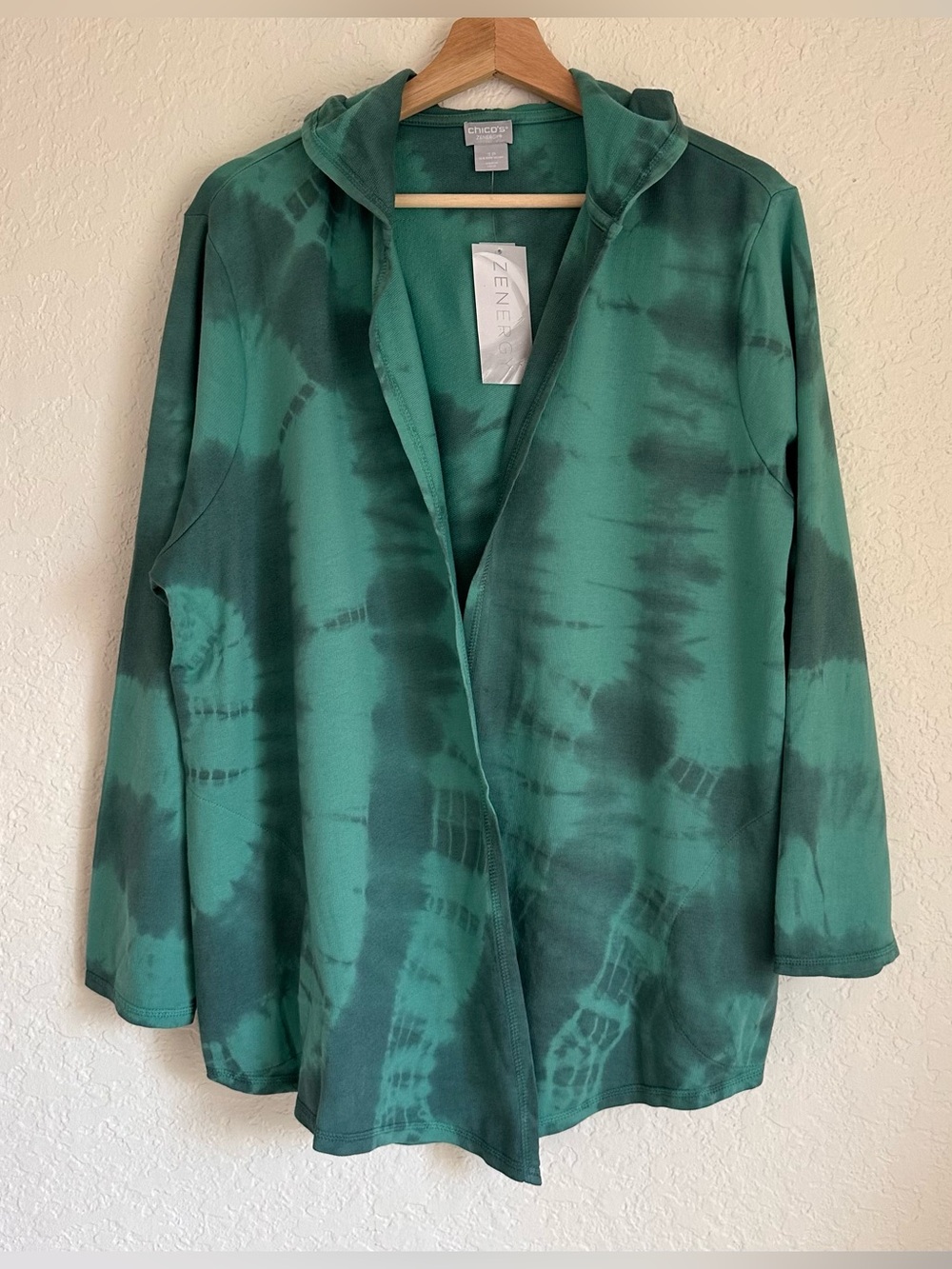 Chico’s Zenergy Hooded Open Front Cardigan Womens 3P Green Tie Dye Jacket